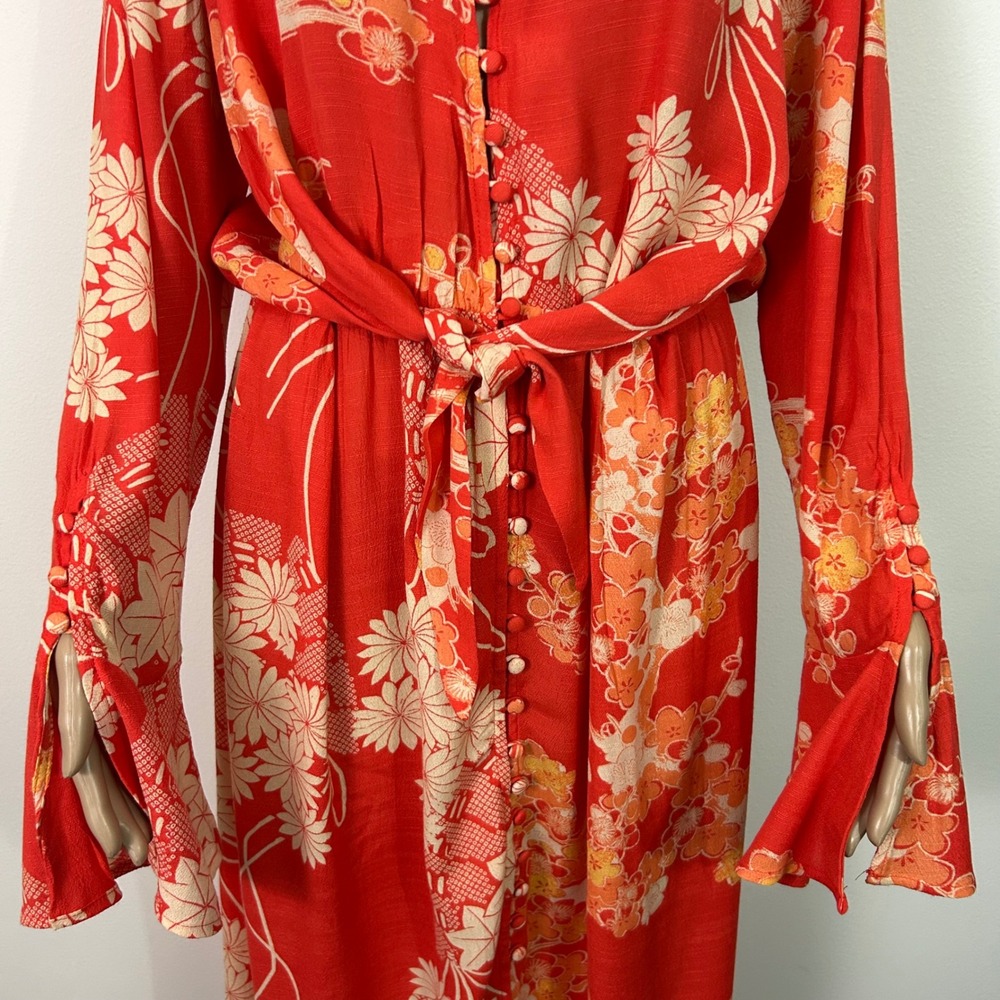 Free People Orange Floral Fan Print Button Front Midi Dress Bell Sleeve Womens M - Picture 5 of 9